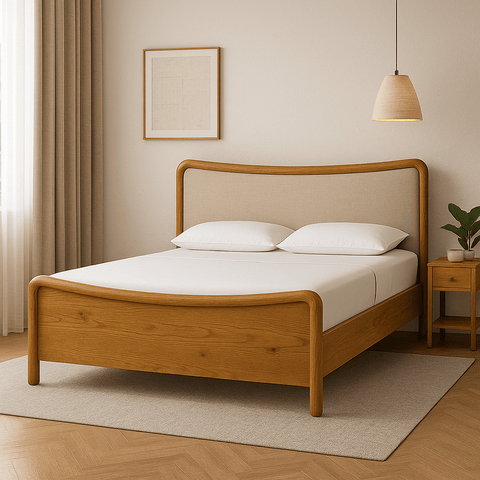 Solid Teak Wood Bed with Upholstered Headboard – King & Queen Sizes - TimberCraft