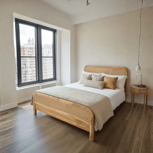 Solid teak wood cane bed in a modern Indian bedroom with rustic finish