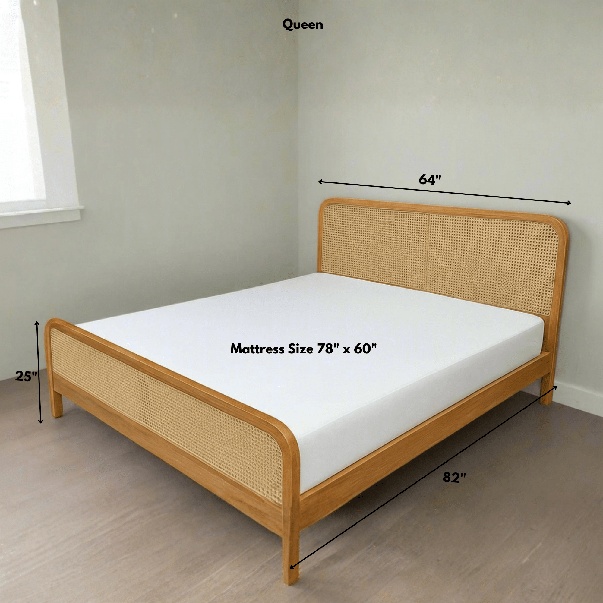 Solid teak wood cane bed queen size with mattress dimensions 78 x 60 inches