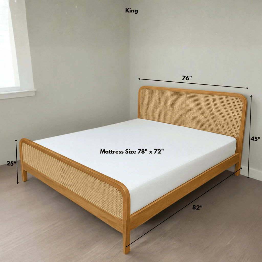 Solid teak wood cane bed king size with mattress dimensions 78 x 72 inches