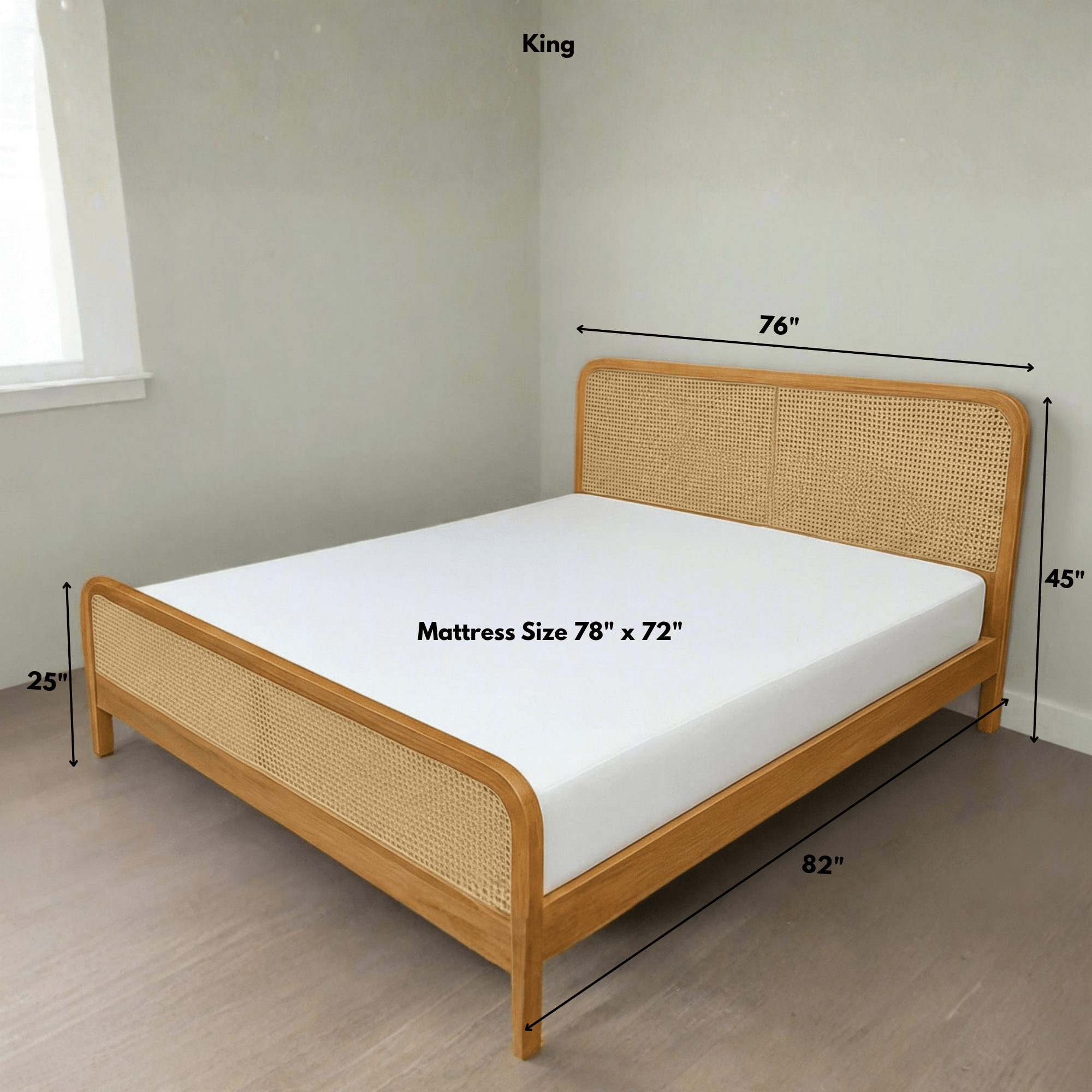 Solid teak wood cane bed king size with mattress dimensions 78 x 72 inches