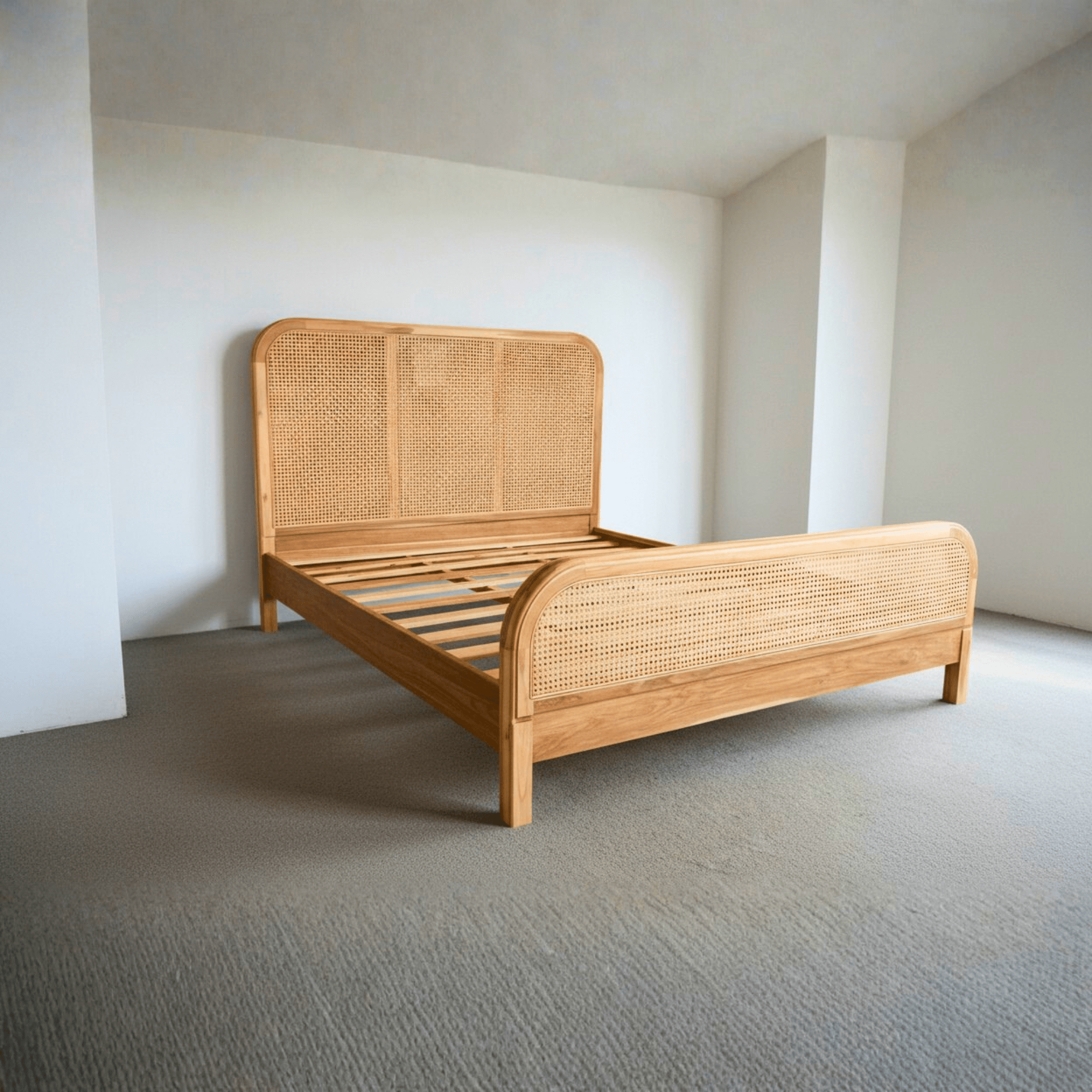 Handcrafted solid teak wood cane bed frame with wooden slat support