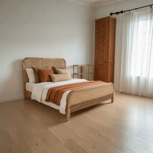 Solid teak wood cane bed in a modern Indian bedroom with natural finish