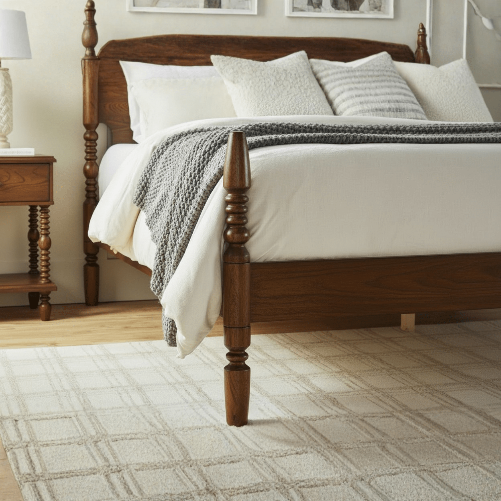 Close-up of turned pillars and dark teak wood grain on solid wood bed