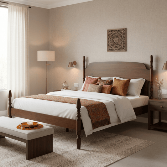 Side view of solid teak wood poster bed with turned pillars and slatted base