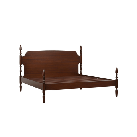 Solid teak wood bed frame showing strong wooden mattress support slats