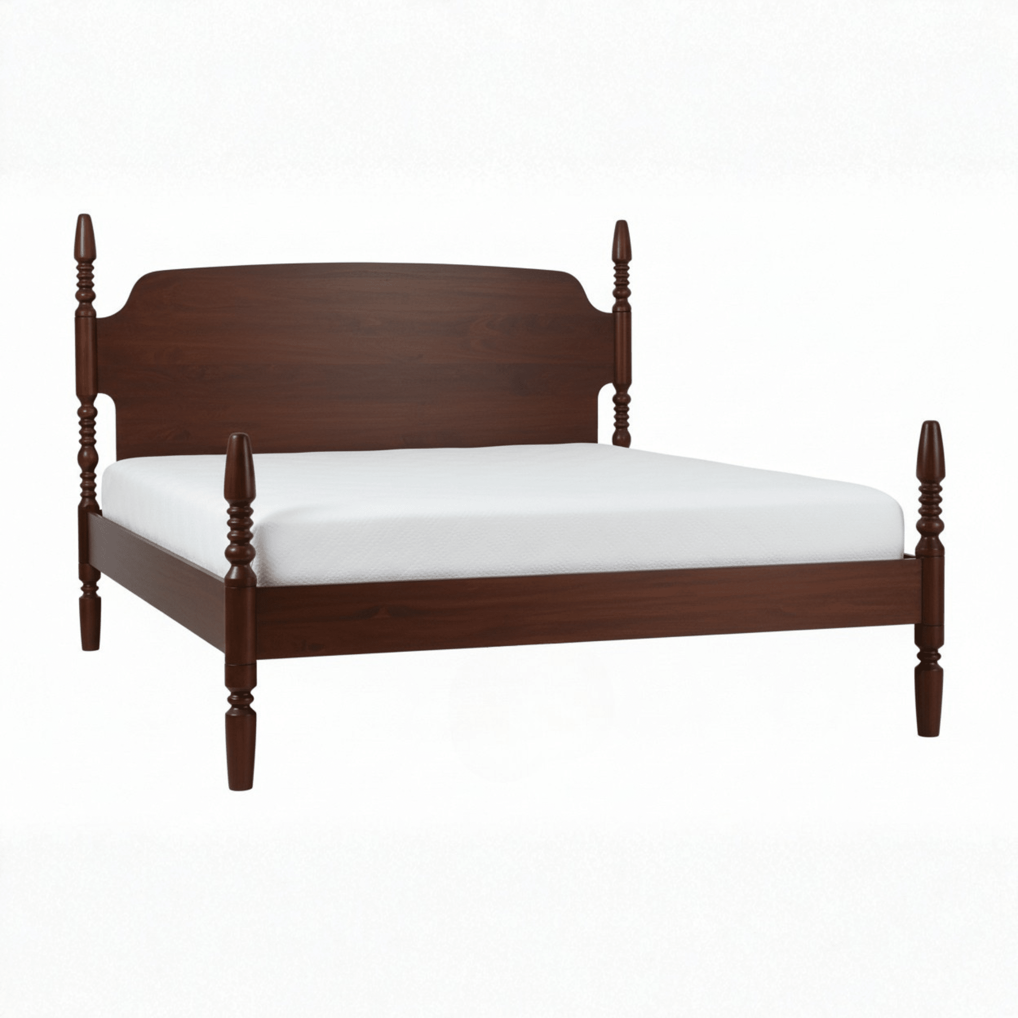 Solid teak wood poster bed in dark teak finish with mattress on white background