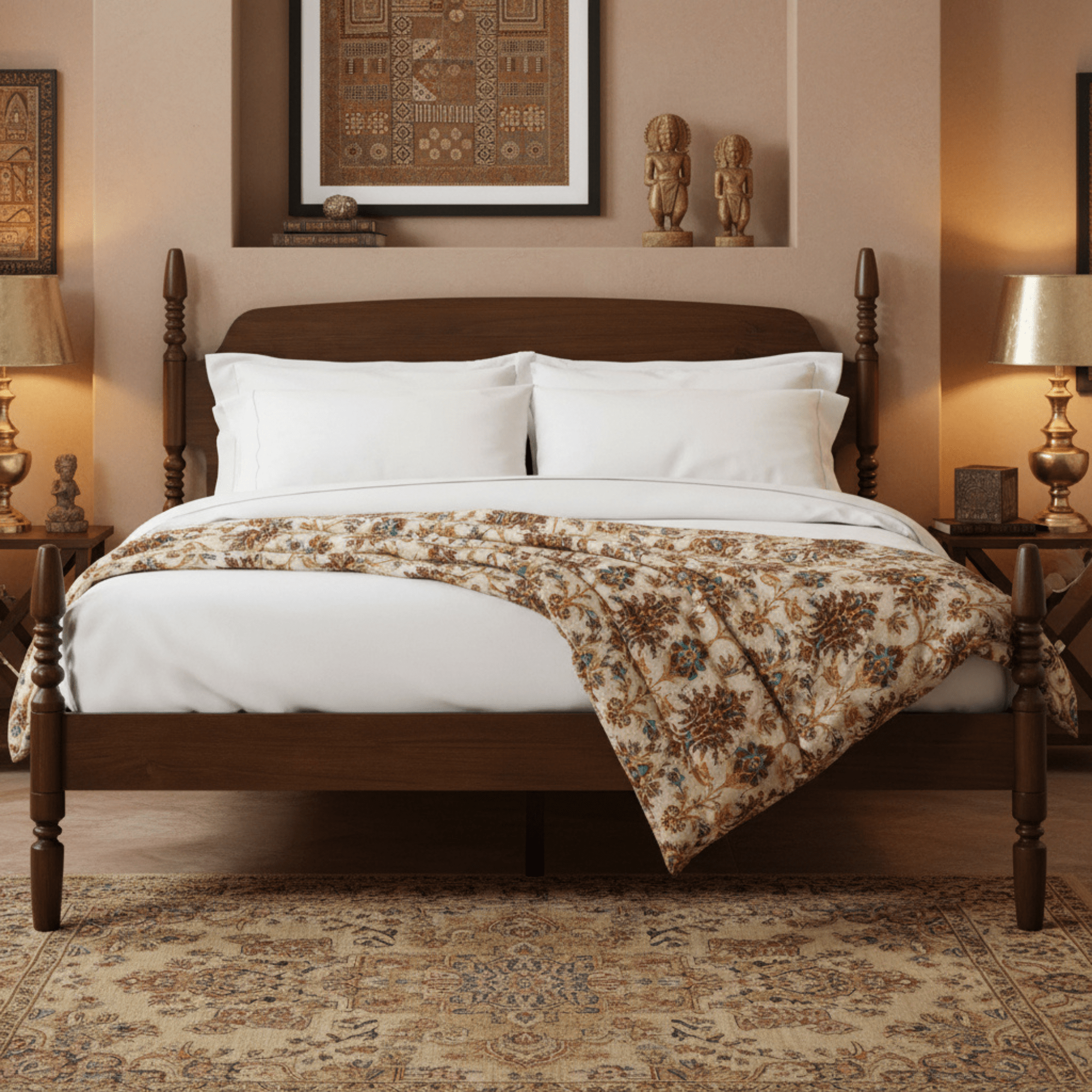 Solid teak wood poster bed in dark teak finish styled in an Indian bedroom