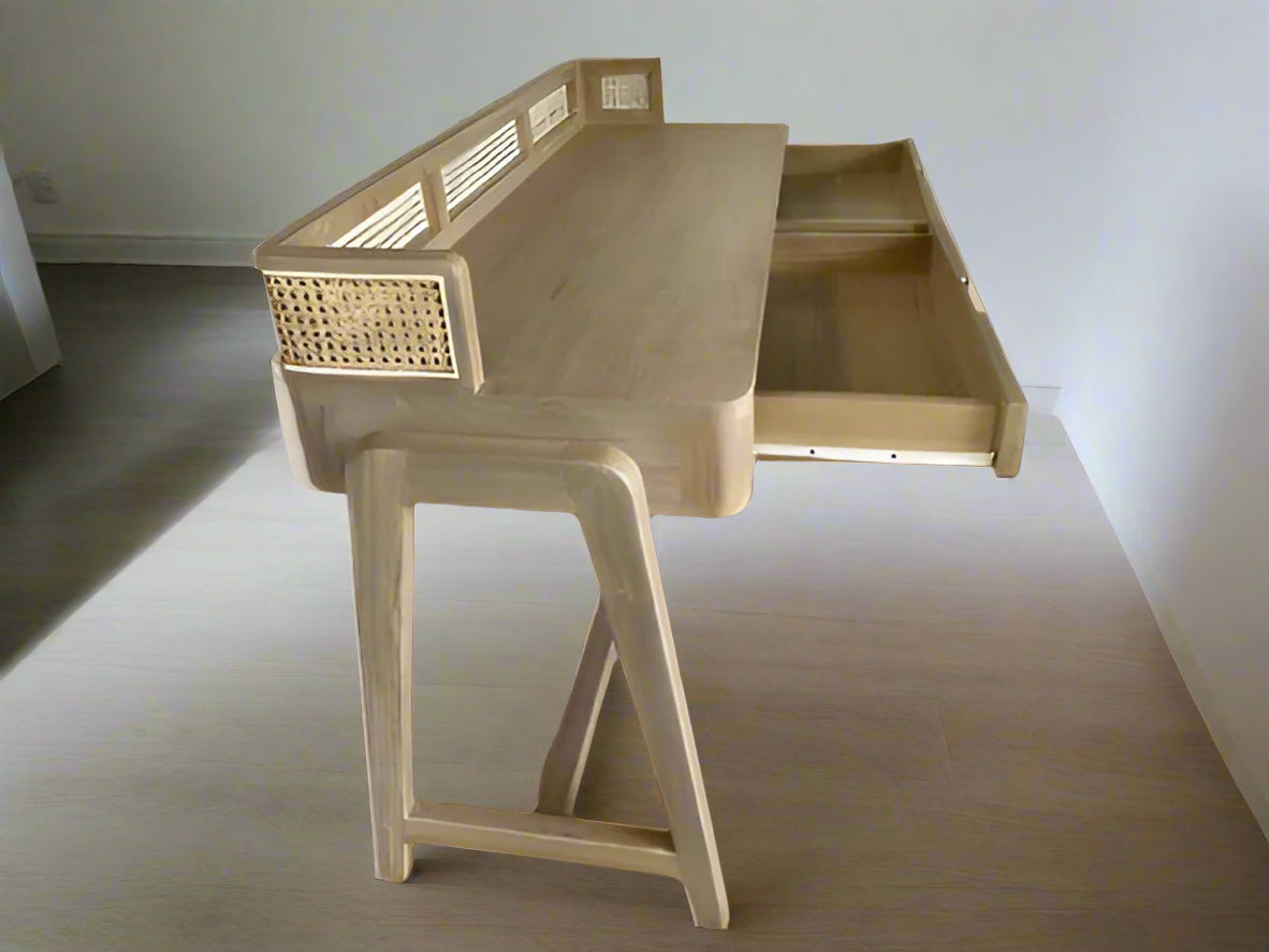 Solid teakwood study table with rattan back and open storage drawers