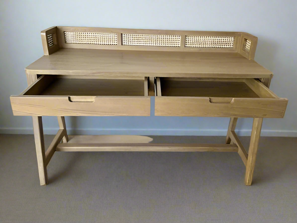 Solid teakwood study table with rattan back and open storage drawers