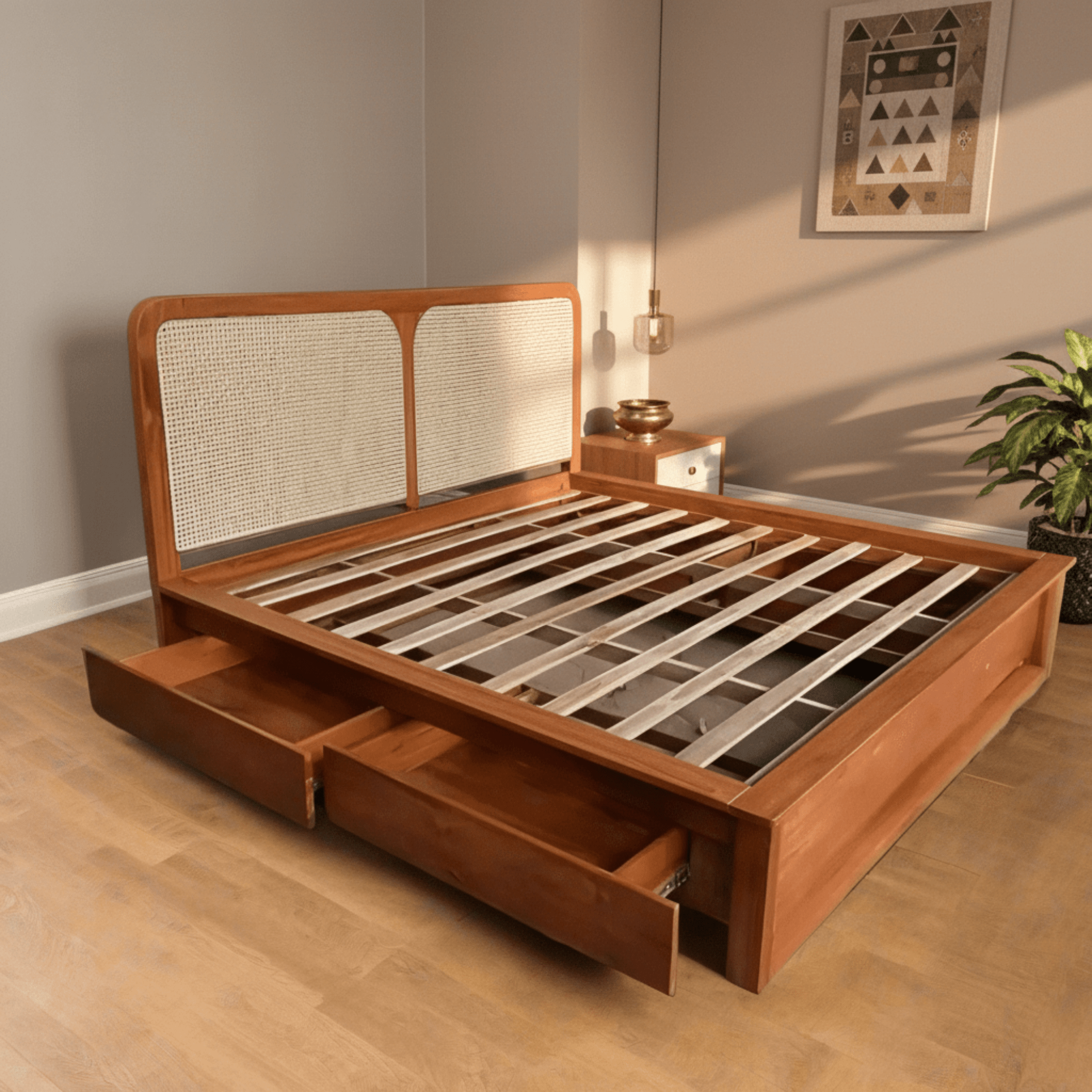 Solid wood rattan bed with four side storage drawers and slatted base