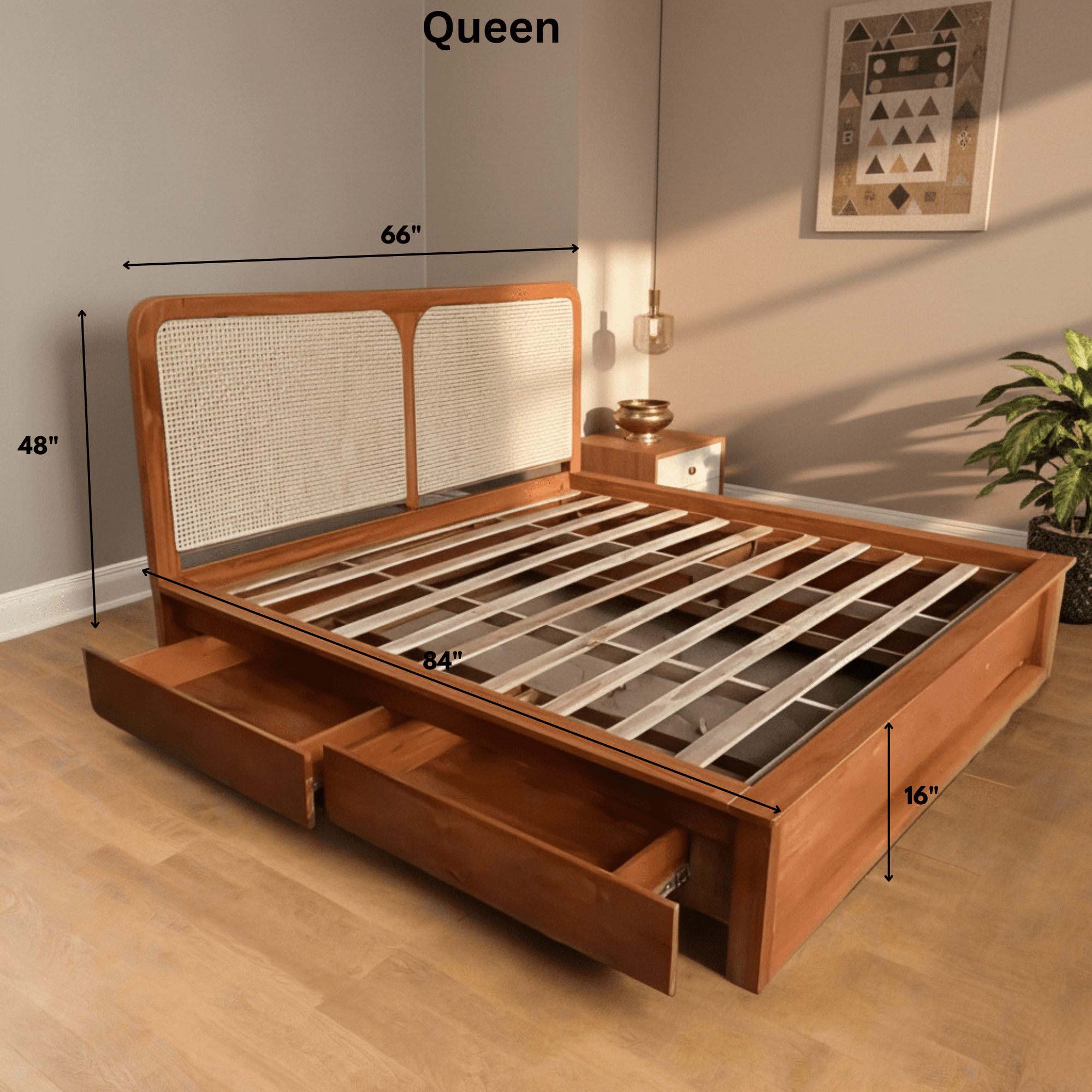 Queen size rattan storage bed with natural teak wood finish