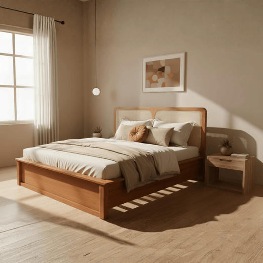 Wooden bed with rattan cane headboard and underbed storage drawers