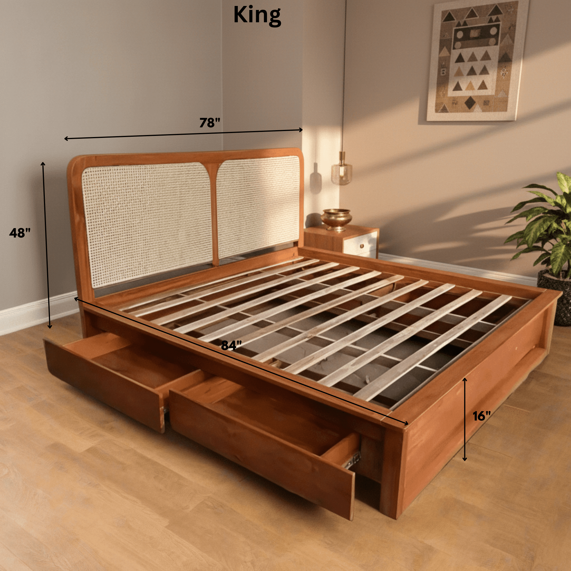 King size solid wood bed with rattan headboard and side drawers