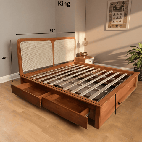 King size solid wood bed with rattan headboard and side drawers