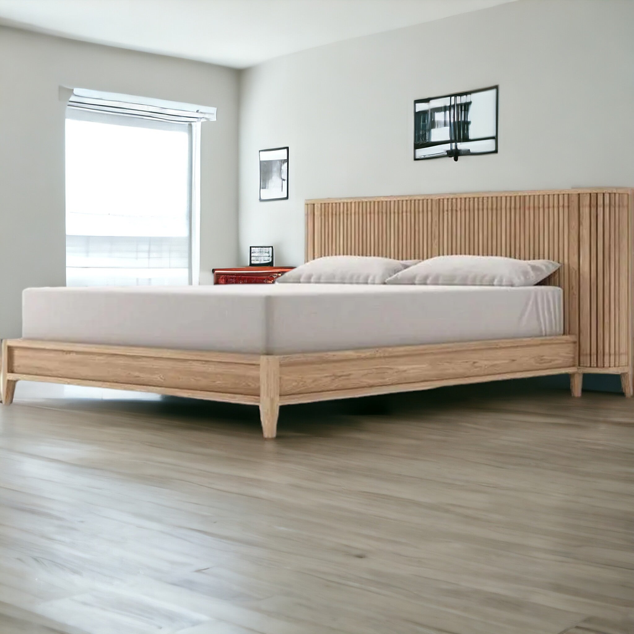 Luxurious Teak King Bed with Fluted Headboard and Built-in Bedside Tables