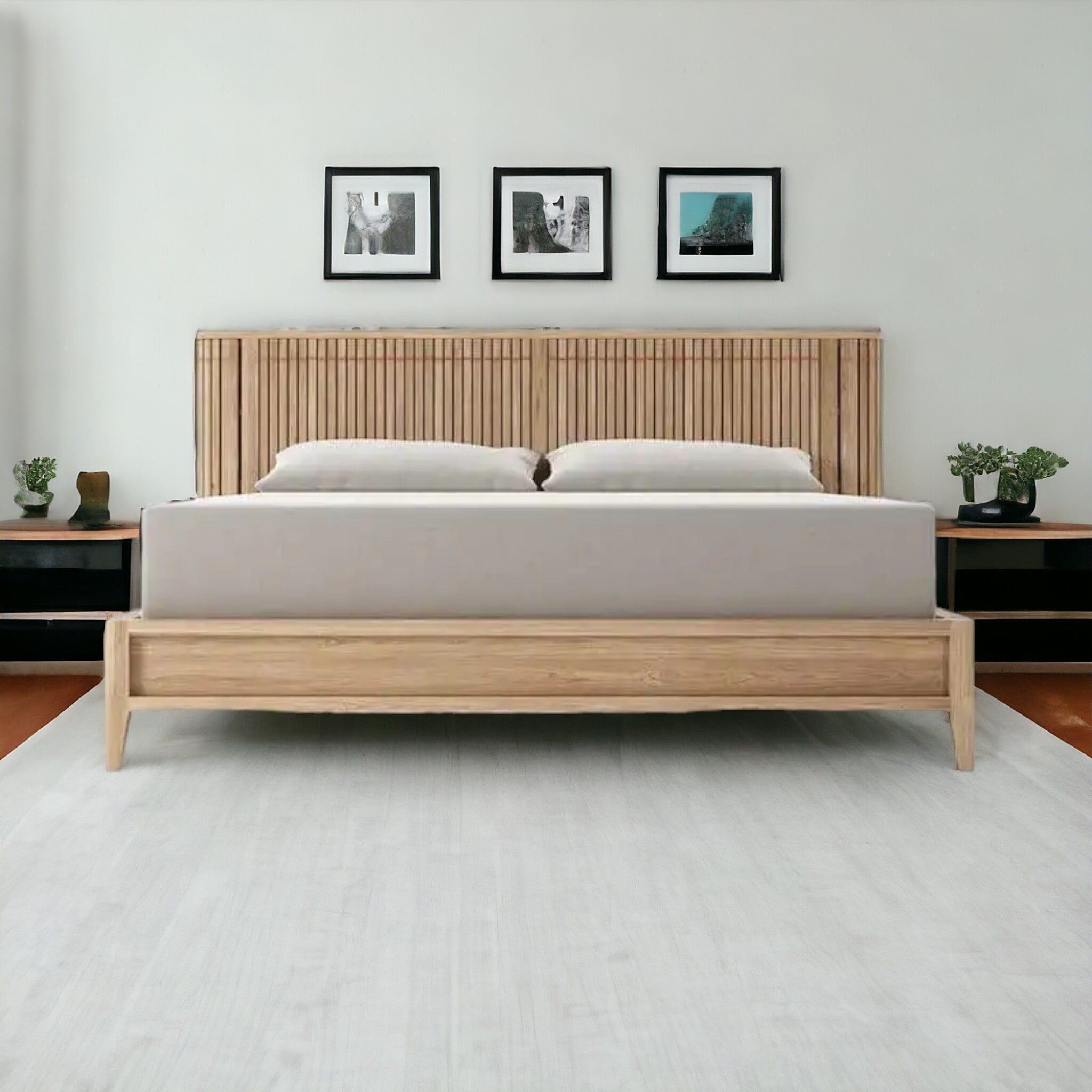 Luxurious Teak King Bed with Fluted Headboard and Built-in Bedside Tables