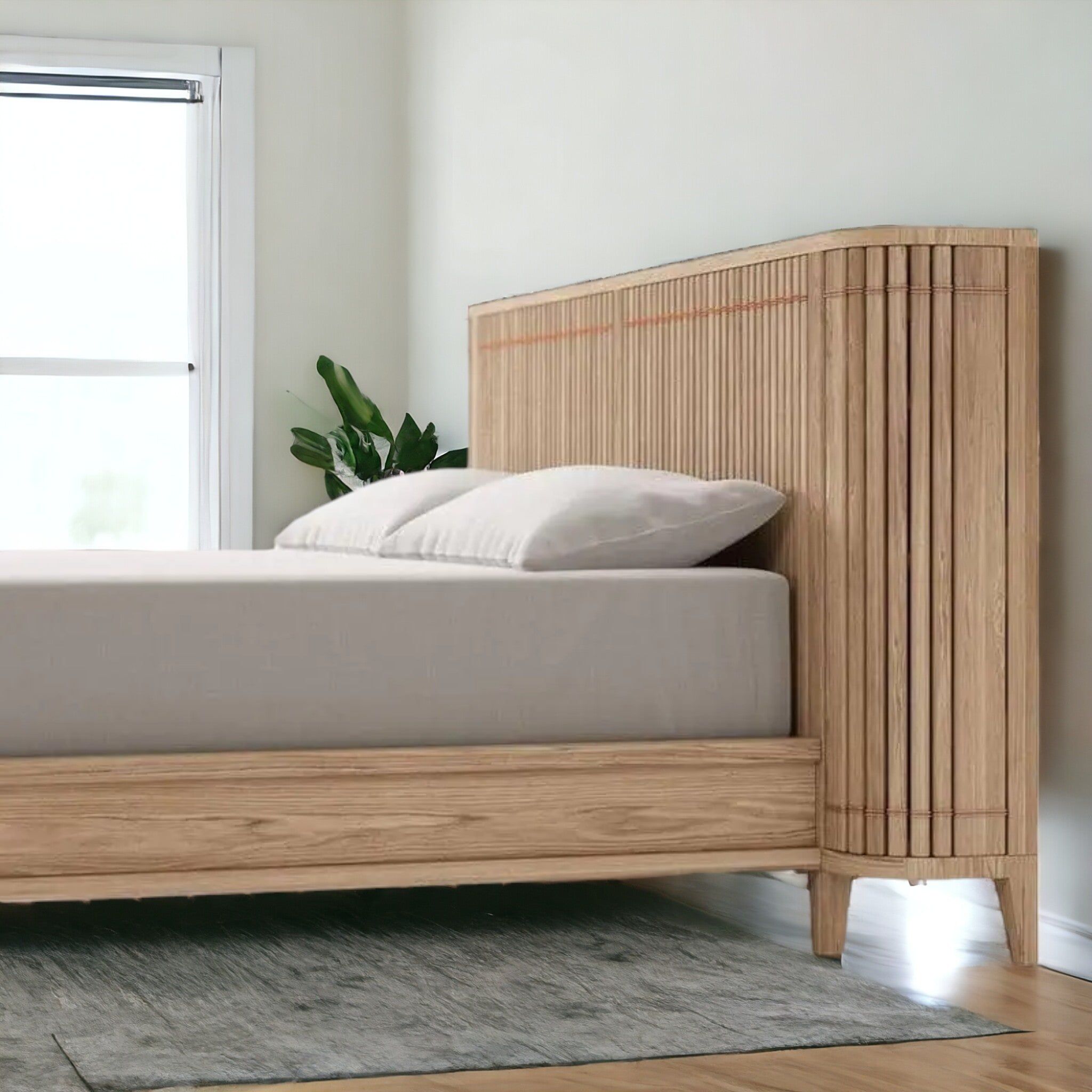 Luxurious Teak King Bed with Fluted Headboard and Built-in Bedside Tables