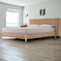 Luxurious Teak King Bed with Fluted Headboard and Built-in Bedside Tables