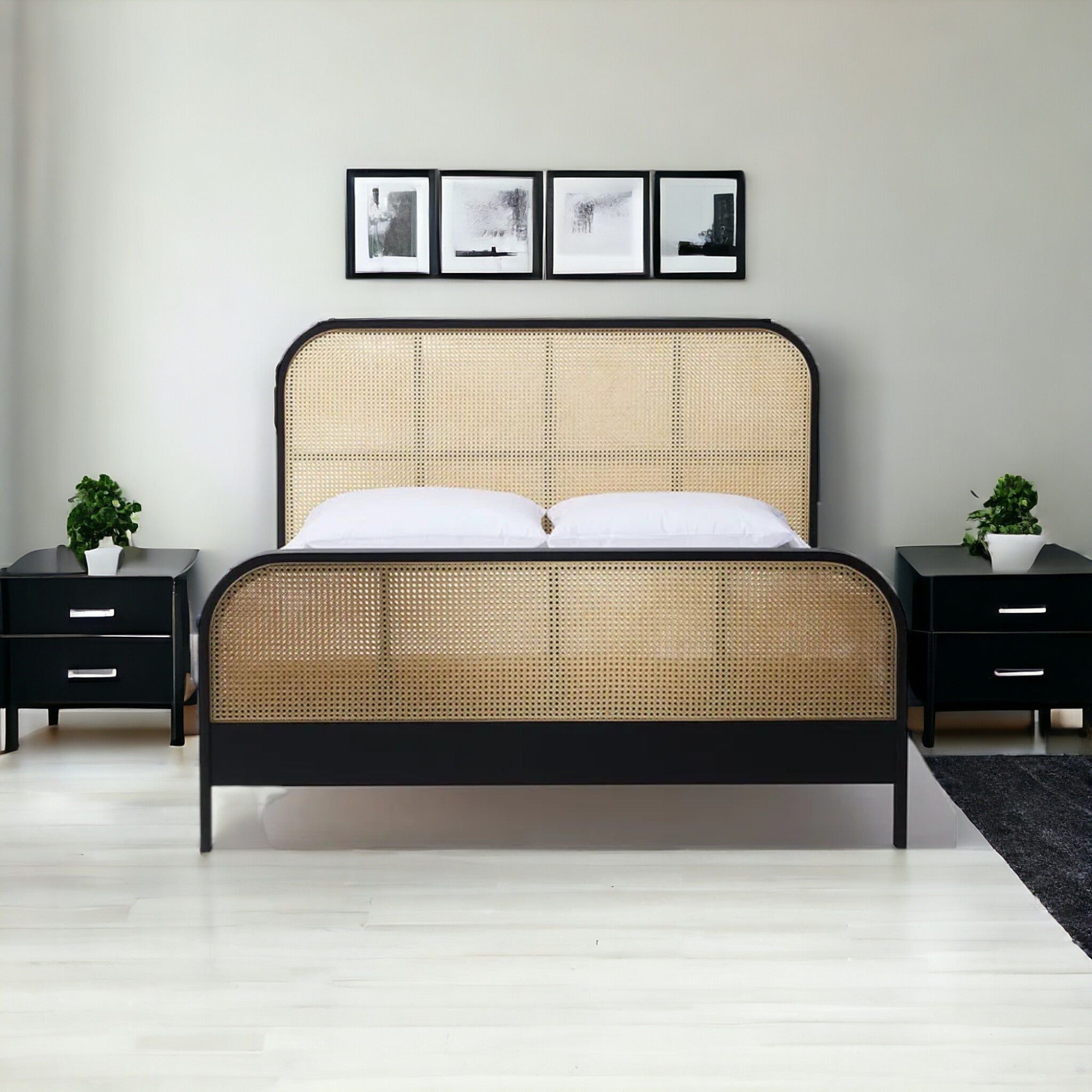 Modern King-Size Bed with Rattan Headboard for Boho Charm