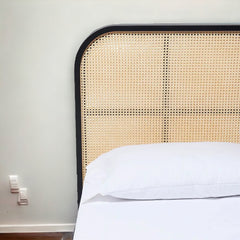Modern King-Size Bed with Rattan Headboard for Boho Charm