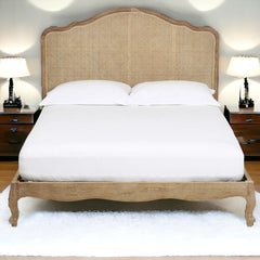 Teak Wood Bed with Rattan Accents | French Country Elegance