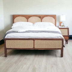 Custom Teak Scandinavian Bed with Natural Wicker Headboard 