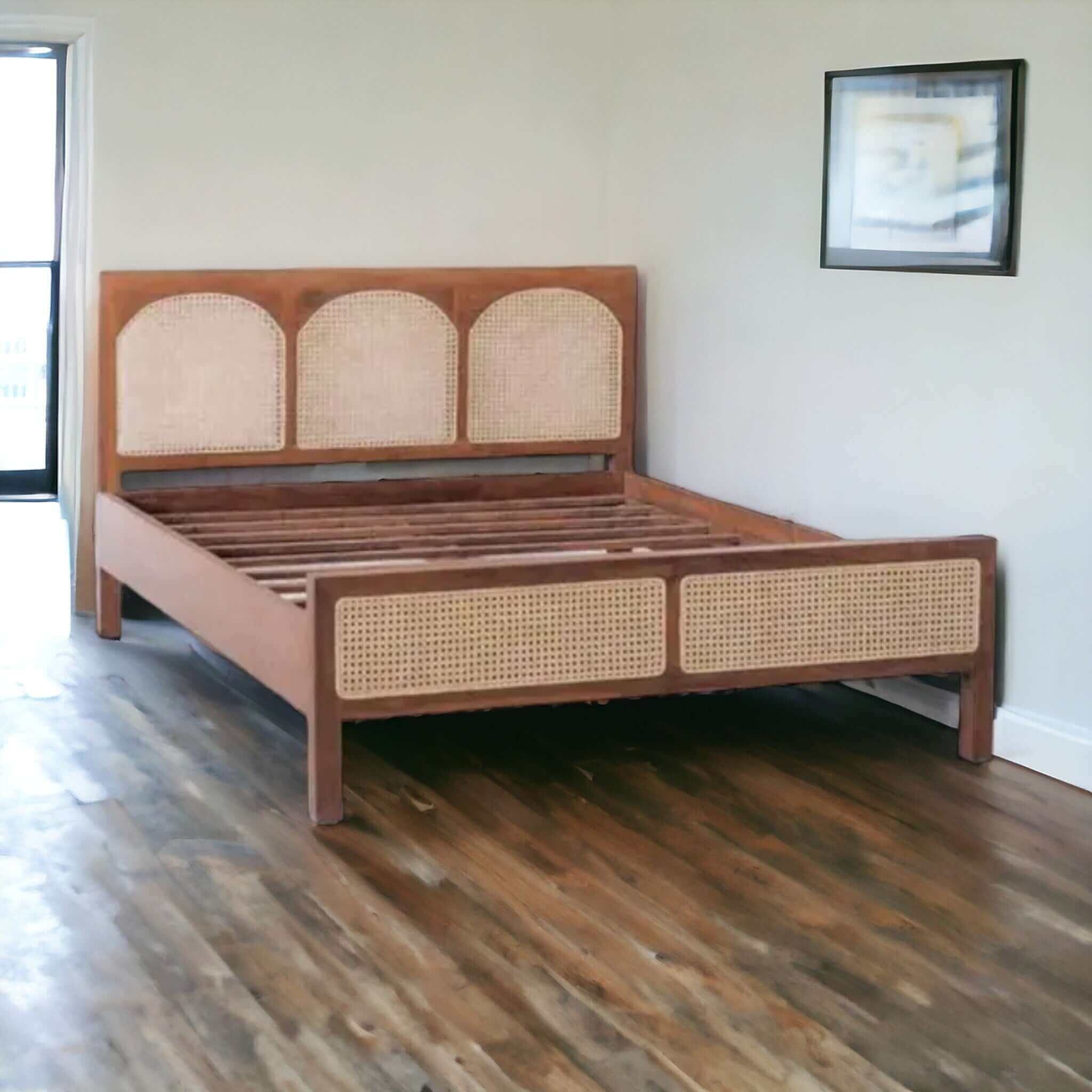 Custom Teak Scandinavian Bed with Natural Wicker Headboard 