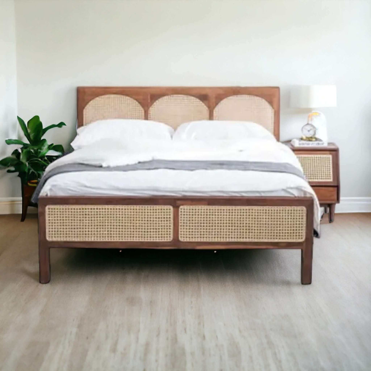 Custom Teak Scandinavian Bed with Natural Wicker Headboard 