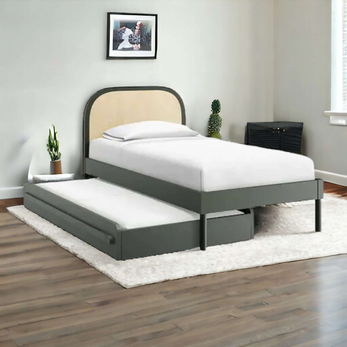 Teak & Natural Cane Twin Trundle Bed for Kids - TimberCraft