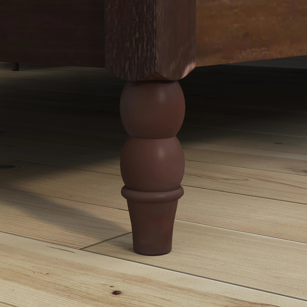 Close-up of handcrafted teak wood spindle bed leg detail