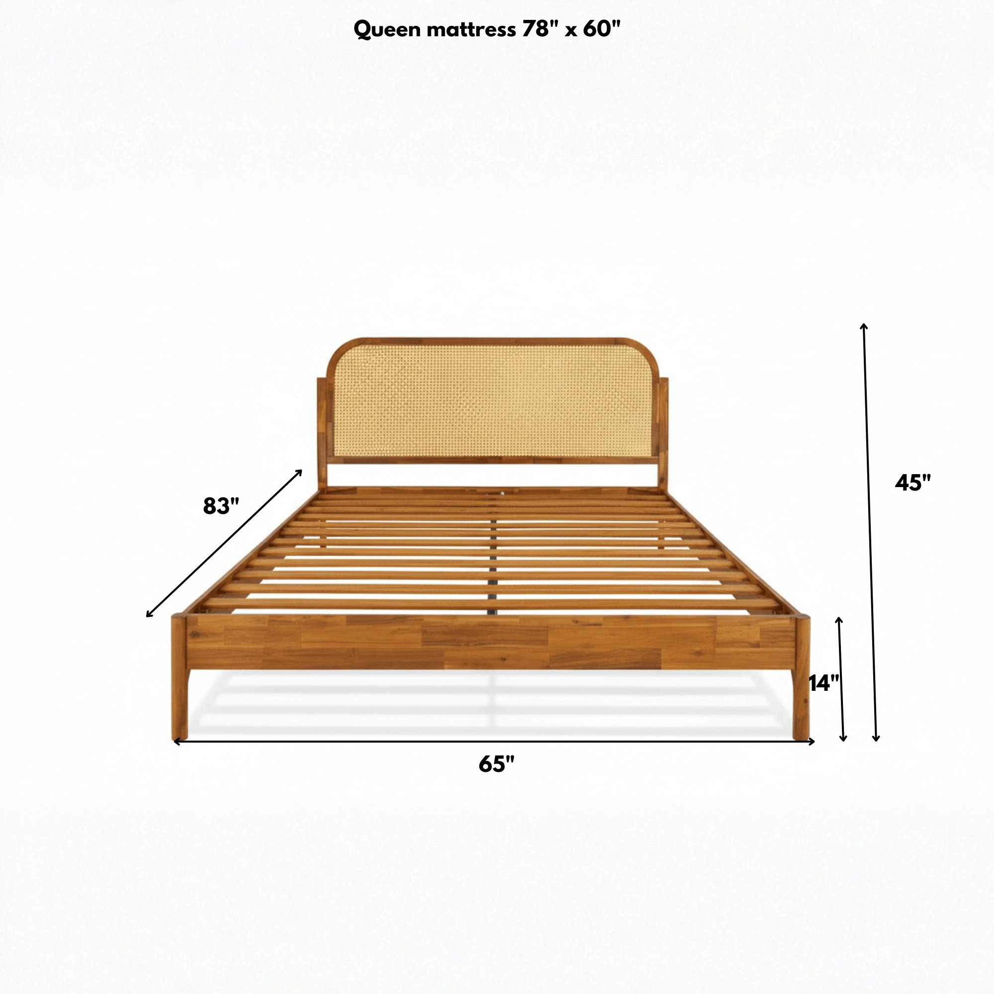 Queen size teak wood cane bed dimensions with sleigh headboard 78 x 60 inches