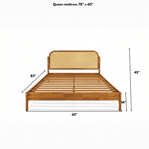 Queen size teak wood cane bed dimensions with sleigh headboard 78 x 60 inches