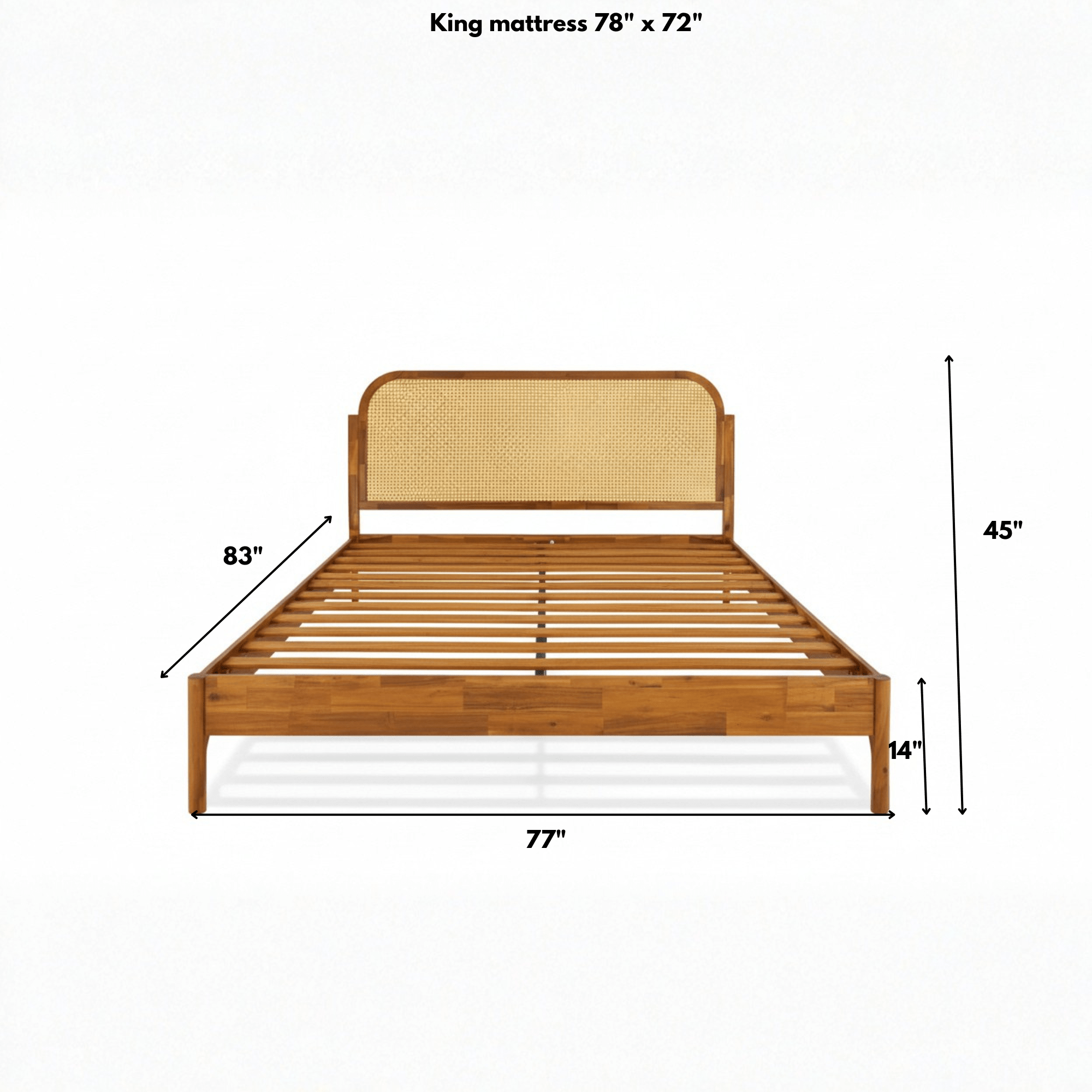 King size teak wood cane bed dimensions with sleigh headboard 78 x 72 inches