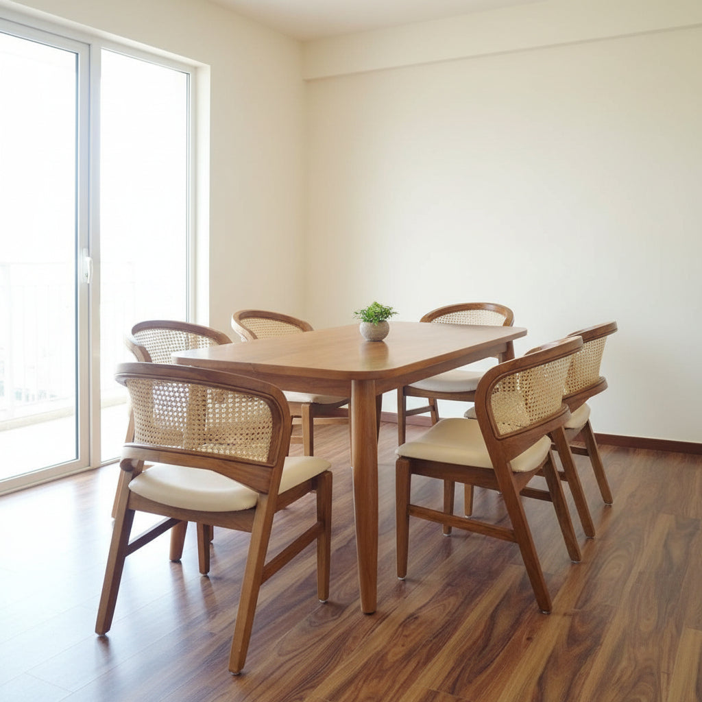 Teak Wood Dining Table Set With 6 Rattan chairs - TimberCraft