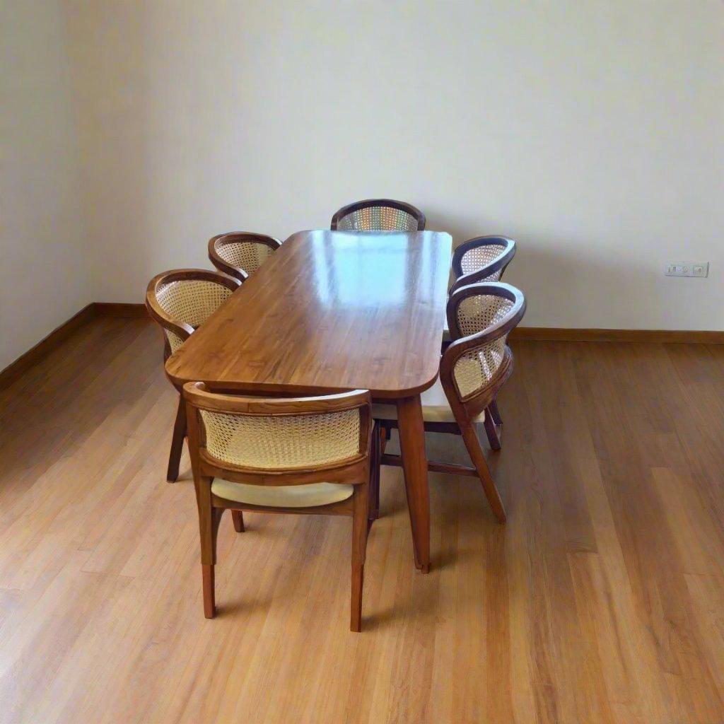 Teak Wood Dining Table Set With 6 Rattan chairs - TimberCraft
