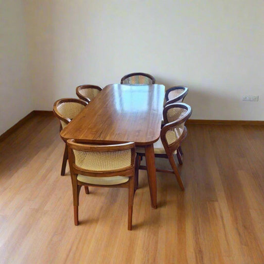 Teak Wood Dining Table Set With 6 Rattan chairs - TimberCraft
