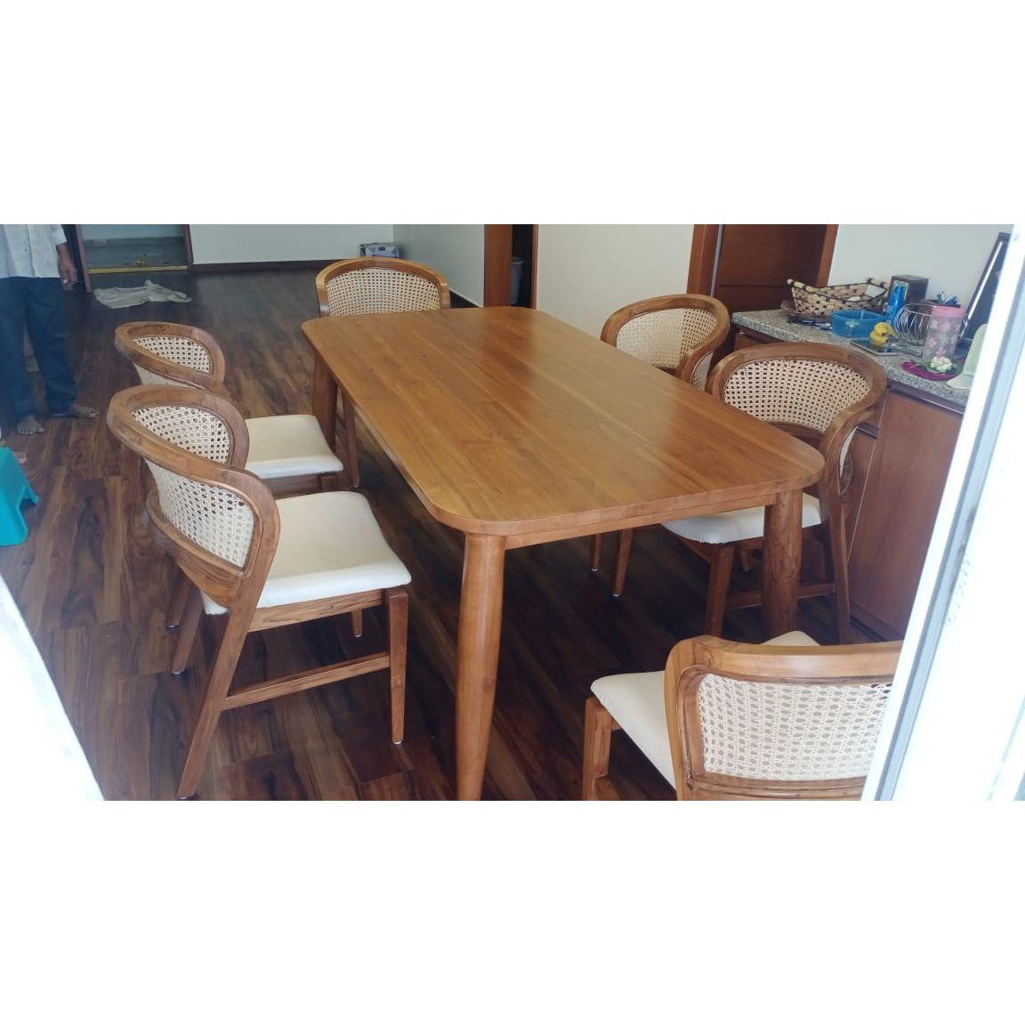 Teak Wood Dining Table Set With 6 Rattan chairs - TimberCraft