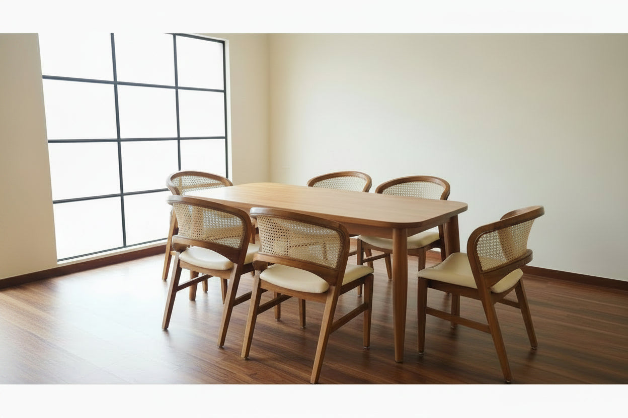 Teak Wood Dining Table Set With 6 Rattan chairs - TimberCraft