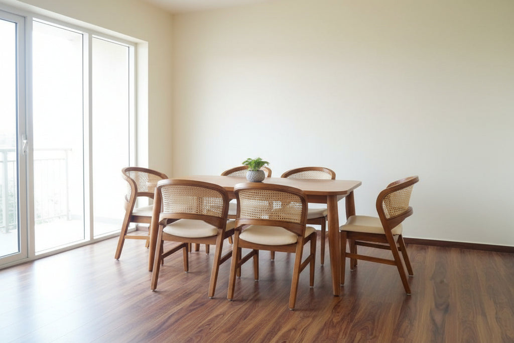 Teak Wood Dining Table Set With 6 Rattan chairs - TimberCraft