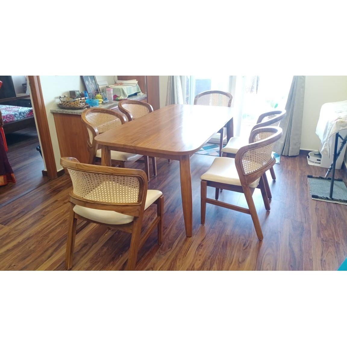 Teak Wood Dining Table Set With 6 Rattan chairs - TimberCraft