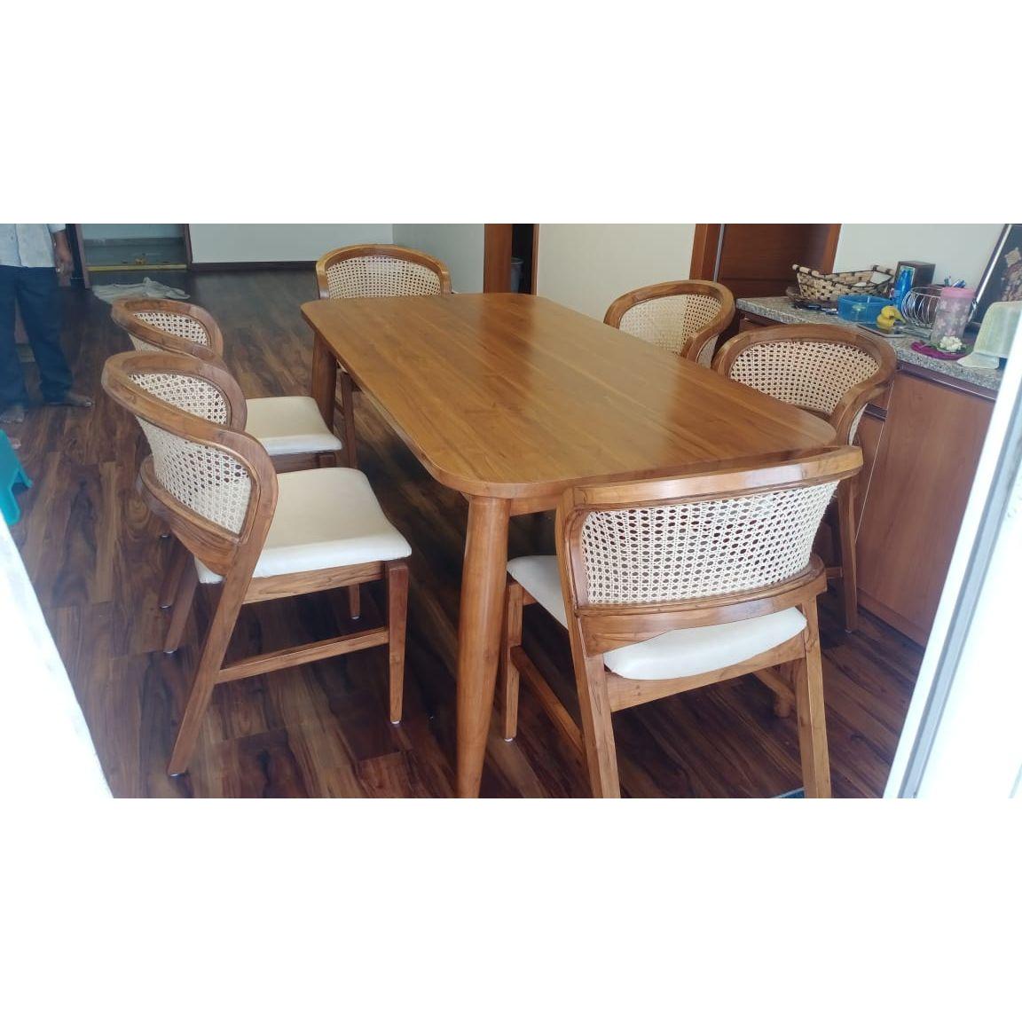 Teak Wood Dining Table Set With 6 Rattan chairs - TimberCraft