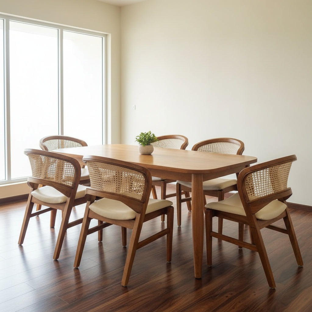 Teak Wood Dining Table Set With 6 Rattan chairs - TimberCraft