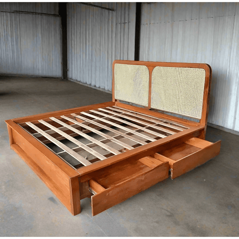 Teak wood king size bed with rattan weaving and storage - TimberCraft