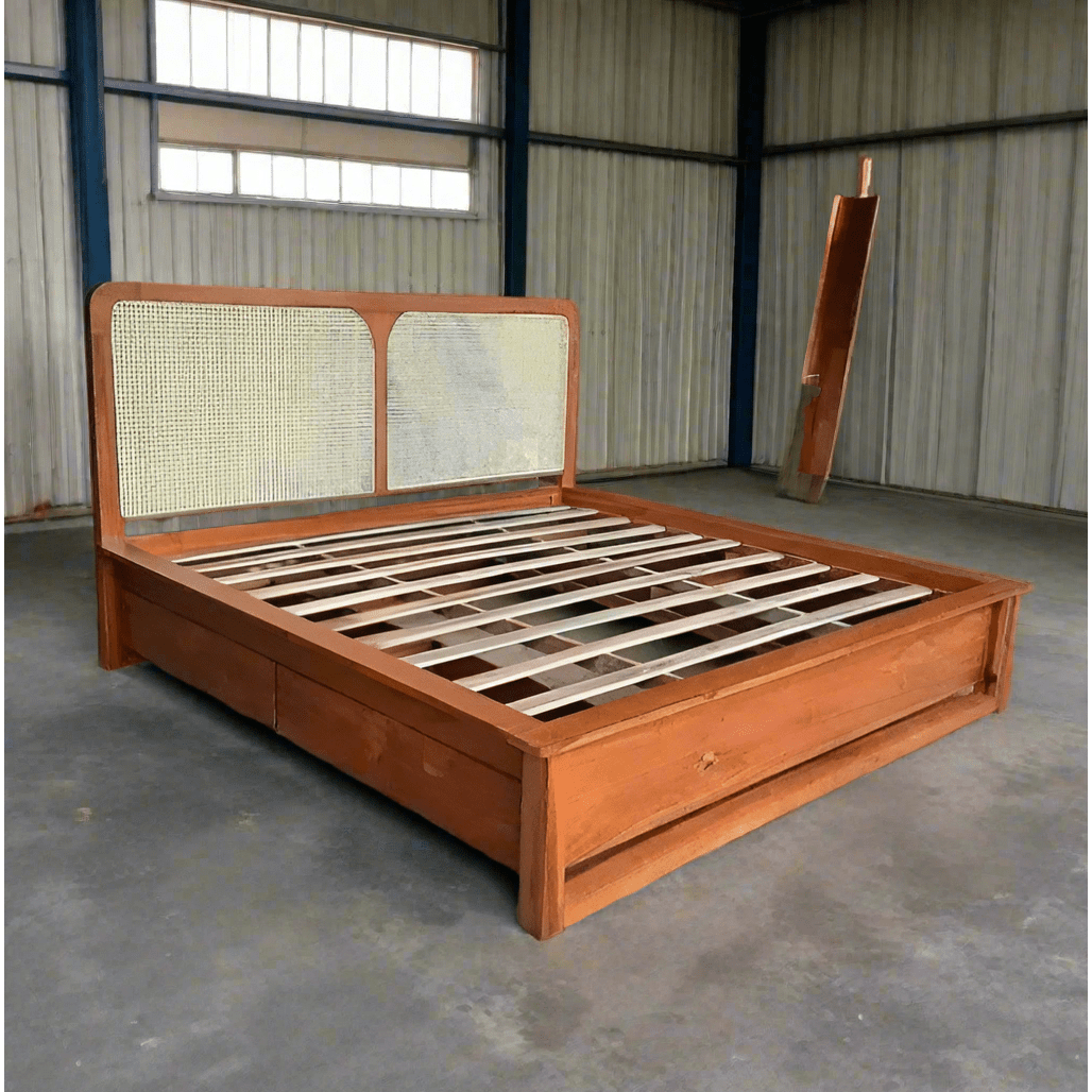 Teak wood king size bed with rattan weaving and storage - TimberCraft