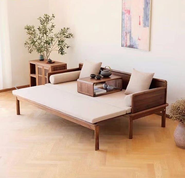 Wooden futon bed in a room with minimal decor
