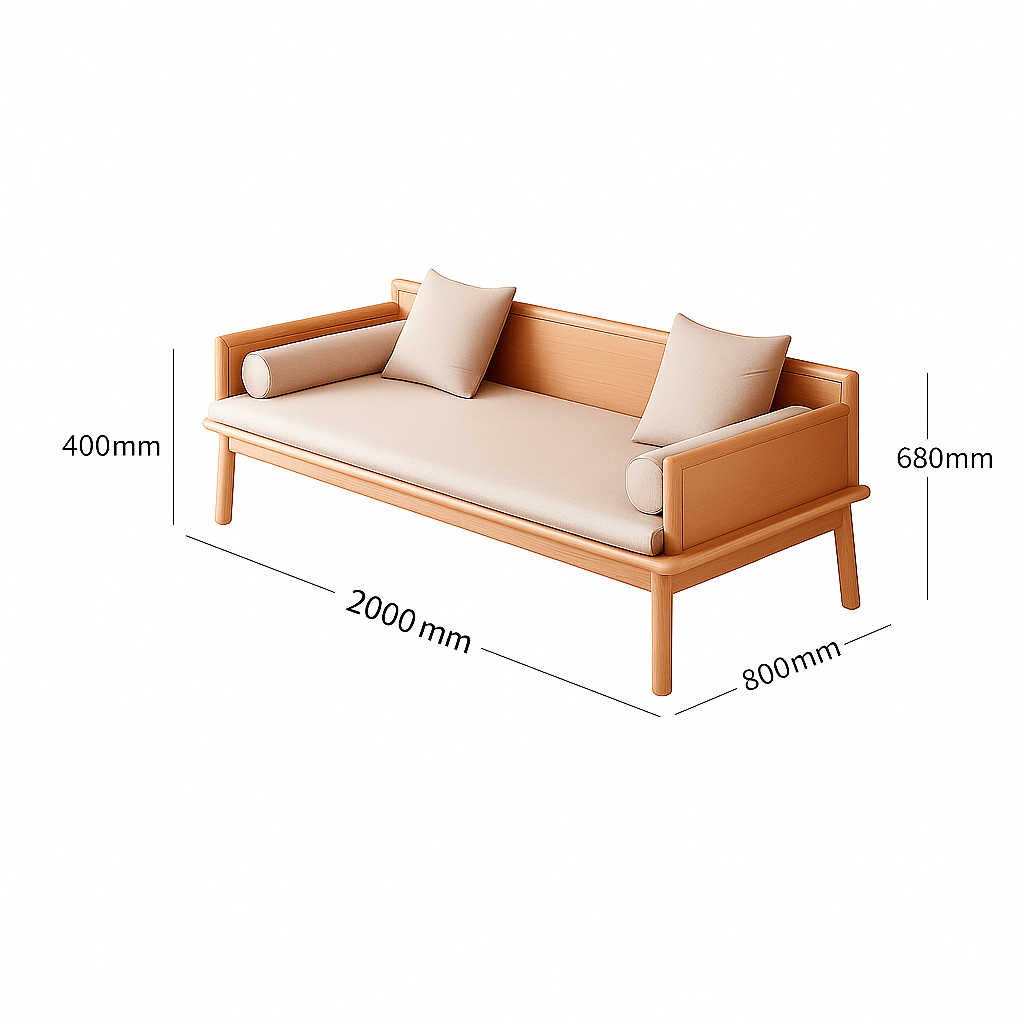 Wooden bench with beige cushions and dimensions labeled on a white background