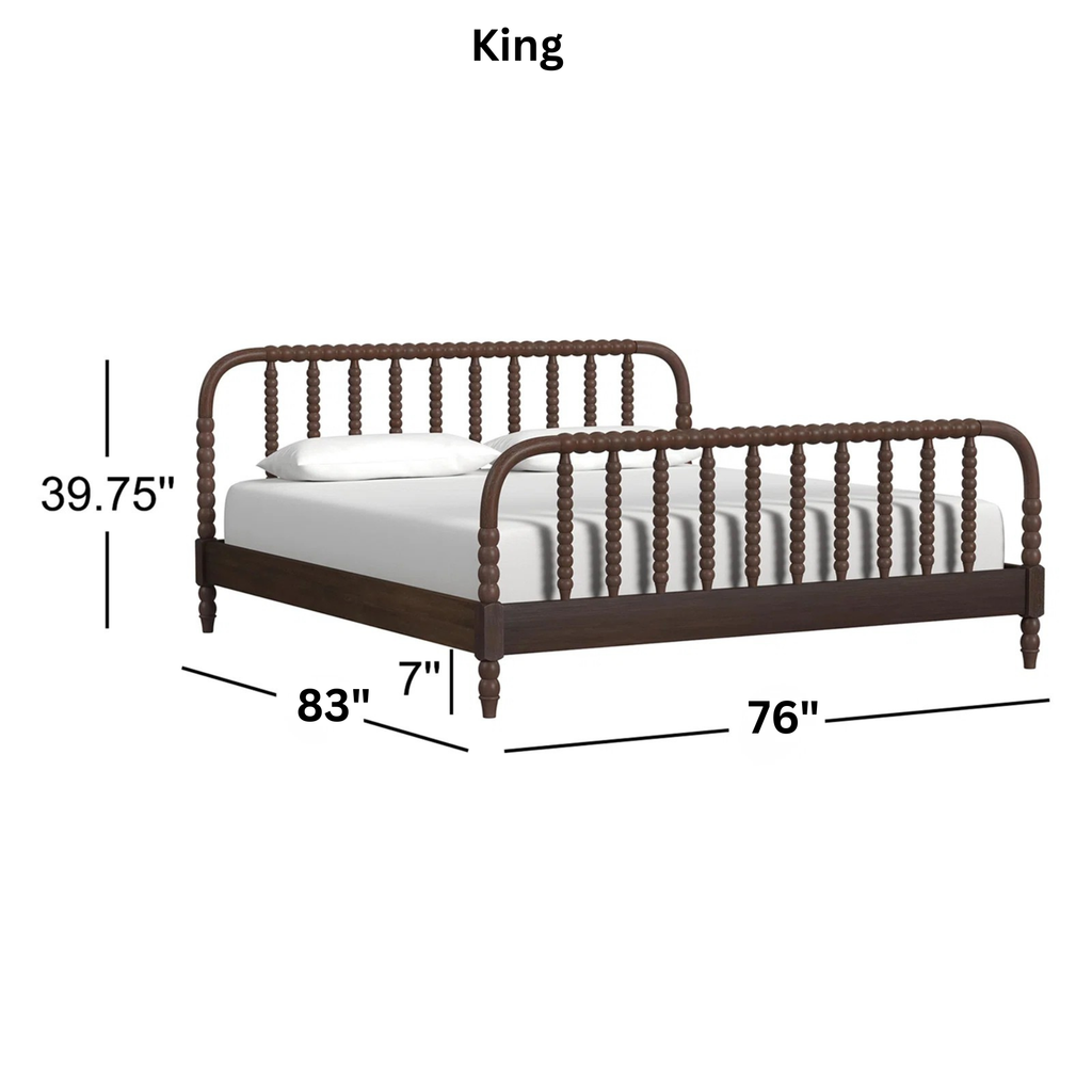 Brown spindle bed with dimensions labeled on a gray background