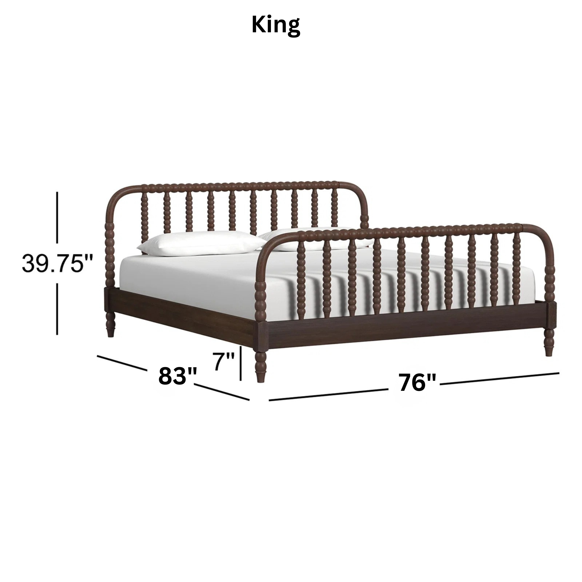 Brown spindle bed with dimensions labeled on a gray background