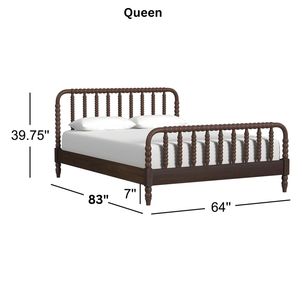 Wooden spindle queen bed frame with dimensions labeled on a white background